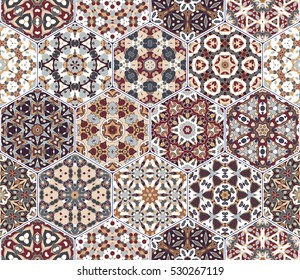 Abstract seamless pattern tiles. Colorful vector set of hexagonal elements for design of wallpaper, fabric or wrapping paper.