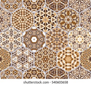 Abstract seamless pattern tiles. Colorful vector set of hexagonal elements for design of wallpaper, fabric or wrapping paper.