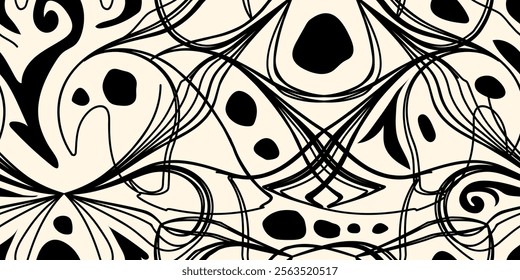 Abstract seamless pattern with a touch of art nouveau. Elegant curved lines and organic shapes create a mysterious and luxurious atmosphere. Vector illustration