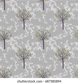 Abstract seamless pattern with trees silhouette on military monochrome background. Forest decorative repeated backdrop for textile, clothes, wrapping paper, prints, boy, girl. Autumn motives wallpaper
