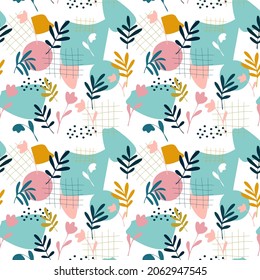 Abstract seamless pattern in trending colors with twigs, leaves and geometric shapes on a white background.