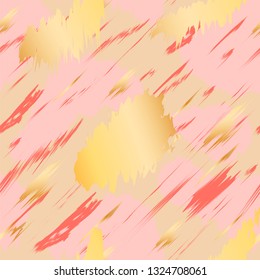 Abstract seamless pattern with trendy gold textures and living coral color. Vector illustration for textile, fabric, wrapping paper, background, packaging.