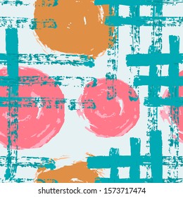 Abstract seamless pattern with trendy hand drawn textures, spots, brush strokes. Modern shapes and textures for paper, covers, fabrics, decoration. Gypsy, Brazilian colorful style