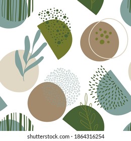 Abstract seamless pattern in trendy style with botanical and geometric elements, textures. Natural earthy colors. Vector illustration. Brown, beige and green background.