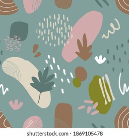 Resumen de un patrón sin fisuras en estilo moderno con elementos botánicos y geométricos, texturas. Colores naturales de tierra. Ilustración vectorial.