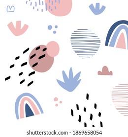 Abstract seamless pattern in trendy style with botanical and geometric elements, textures. Natural earthy colors. Vector illustration.