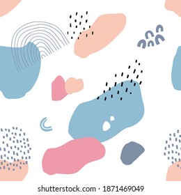 Abstract seamless pattern in trendy style with botanical and geometric elements, textures. Trendy pastel colors. Vector illustration.