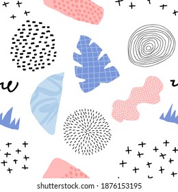 Abstract seamless pattern in trendy style with botanical and geometric elements, textures. Trendy pastel colors. Vector illustration.