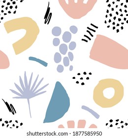 Abstract seamless pattern in trendy style with botanical and geometric elements, textures. Trendy pastel colors. Vector illustration.