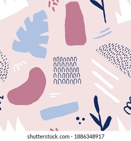Abstract seamless pattern in trendy style with botanical and geometric elements, textures. Trendy pastel colors. 