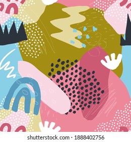 Abstract seamless pattern in trendy style with botanical and geometric elements, textures. Trendy bright colors. 