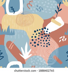 Abstract seamless pattern in trendy style with botanical and geometric elements, textures. Trendy bright colors. 