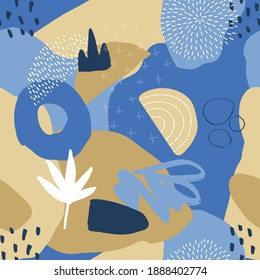 Resumen de un patrón sin fisuras en estilo moderno con elementos botánicos y geométricos, texturas. Colores brillantes de moda. 