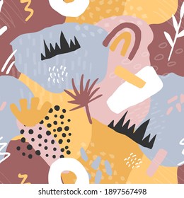 Abstract seamless pattern in trendy style with botanical and geometric elements, textures. Trendy bright colors. 