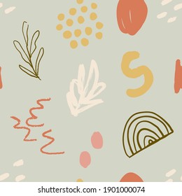 Resumen de un patrón sin fisuras en estilo moderno con elementos botánicos y geométricos, texturas. Colores brillantes de moda. 