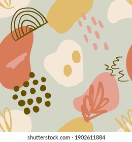 Abstract seamless pattern in trendy style with botanical and geometric elements, textures. Trendy bright colors. 