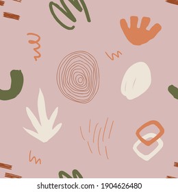 Abstract seamless pattern in trendy style with botanical and geometric elements, textures. Trendy bright colors. 