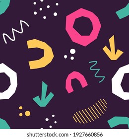 Abstract seamless pattern in trendy style with botanical and geometric elements, textures. Trendy bright colors. 
