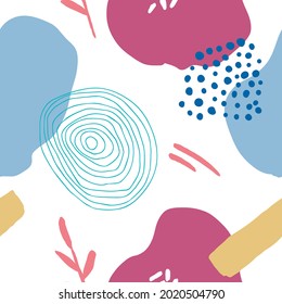 Resumen de un patrón sin fisuras en estilo moderno con elementos botánicos y geométricos, texturas. Colores brillantes de moda. 
