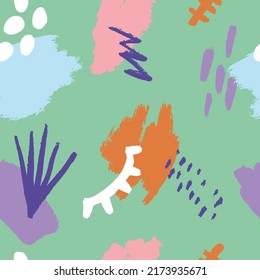 Abstract seamless pattern in trendy style with botanical and geometric elements, textures. Natural earthy colours. Vector illustration.