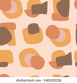 Abstract seamless pattern. Trendy wallpaper with random crossing different shapes in warm colors. Brown, beige, cream, terracotta, pink. Modern textile, branding, packaging, wrapping paper.