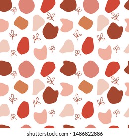 Abstract seamless pattern. Trendy wallpaper with random different shapes in warm earthy colors with floral elements. Brown, beige, terracotta, pastel, pink. Modern textile, branding and packaging.