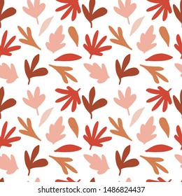 Abstract seamless pattern. Trendy wallpaper with random different leaf silhouettes in warm earthy colours. Floral elements. Brown, beige, terracotta, pastel, pink. Modern textile.