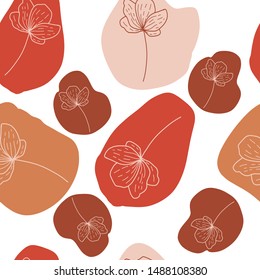 Abstract seamless pattern. Trendy wallpaper with random different shapes in warm earthy colors with flowers. Brown, beige, terracotta, pastel, pink. Modern textile, branding.