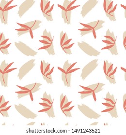 
Abstract seamless pattern. Trendy wallpaper with random brush strokes and tropical leaves in beige, terracotta, pastel colours. Leaves and branches. Modern textile, branding and packaging.