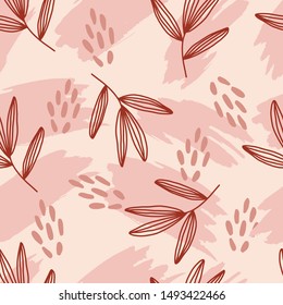 Abstract seamless pattern. Trendy wallpaper with different shapes of brush strokes and floral elements in warm pink colours. Brown, beige, cream, pink. Modern textile, branding, packaging, wrapping.