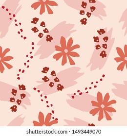 Abstract seamless pattern. Trendy wallpaper with different shapes of brush strokes and flowers in warm pink colours. Brown, beige, cream, pink. Modern textile, branding, packaging, wrapping.
