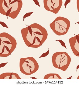 Abstract seamless pattern. Trendy wallpaper with random different shapes in warm earthy colors with floral elements. Brown, beige, terracotta, pastel. Modern textile, branding, packaging.