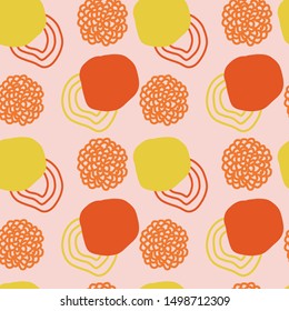 Abstract seamless pattern. Trendy wallpaper with random oval geometric shapes, lines, and fantasy floral elements. Yellow, pink, orange colours. Modern textile, branding and packaging, wrapping paper.