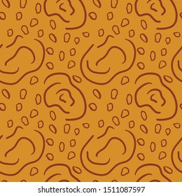 Abstract seamless pattern. Trendy wallpaper with random lines and different oval shapes in warm mustard and brown colours. Modern textile, branding, packaging, wrapping paper.