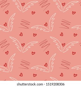 Abstract seamless pattern. Trendy wallpaper with wings, hearts and other hand drawn elements. Doodle style. Perfect for Valentine's day. Modern textile, packaging, wrapping paper.