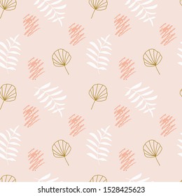 Abstract seamless pattern. Trendy wallpaper with tropical plant silhouette and other hand drawn elements. Doodle style. Modern textile, branding, packaging, wrapping paper.