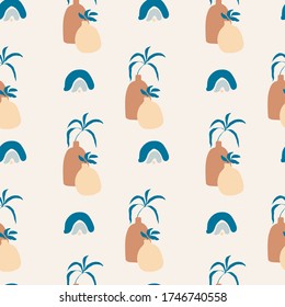 Abstract seamless pattern. Trendy wallpaper with hand drawn shapes in warm earthy colours. Two crocks with tropical plants and rainbows. Brown, beige, cream, blue. Modern textile, branding.
