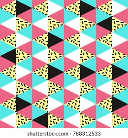 Abstract Seamless Pattern. Seamless Pattern with Triangles. The 80s and 90s style pattern with lines and dots. Vector illustration