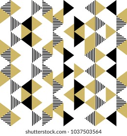 Abstract Seamless Pattern with Triangles. Gold black and white triangle trendy hipster vector illustration.