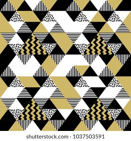 Abstract Seamless Pattern with Triangles. Gold black and white triangle trendy hipster vector illustration.