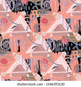 Abstract seamless pattern with triangles, lines, blots and other shapes. Colorful background.