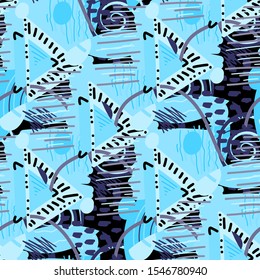 Abstract seamless pattern with triangles, lines, blots and other shapes