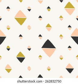 Abstract seamless pattern with triangles in pastel pink, gold and dark gray.