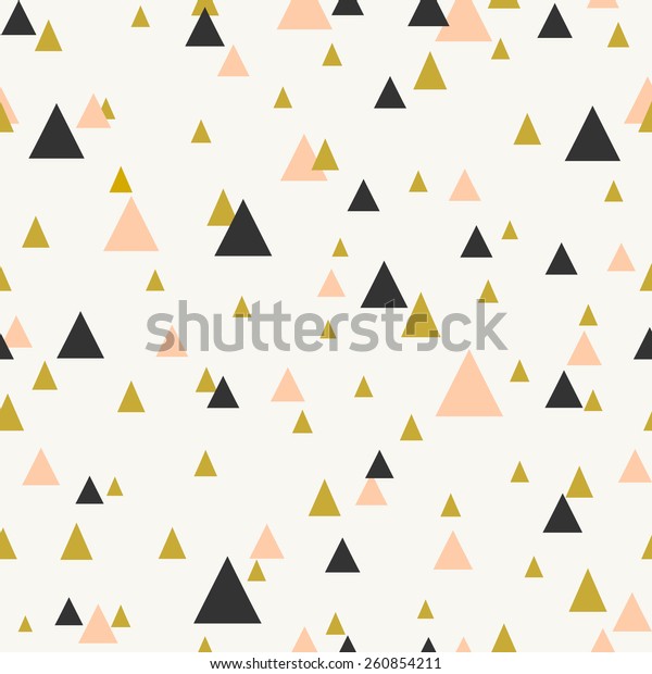 Abstract seamless pattern with triangles in pastel pink, gold and dark gray.