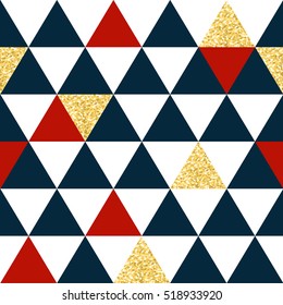 Abstract seamless pattern with triangles in red, gold and dark blue