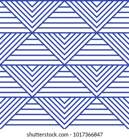 Abstract seamless pattern with triangles and stripes. Repeat blue and white wallpaper for backdrop, textile prints.