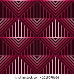 Abstract seamless pattern with triangles and stripes. Repeat maroon wallpaper for backdrop, textile prints.