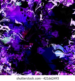 Abstract seamless pattern. Triangular elements and the wavy line are mixed randomly. Dark and light. Violet background. For fabrics, covers, wallpaper, wrapping paper.