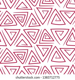 Abstract seamless pattern. Triangular labyrinth. Red triangle. Doodle vector template. Old ornament. Retro style. Fashion design. Sketch