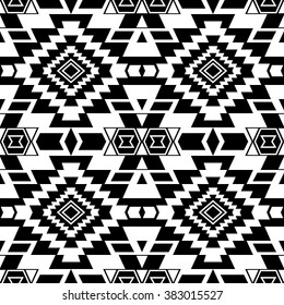 Abstract seamless pattern with tribal aztec elements. Boho chic design. Black background.